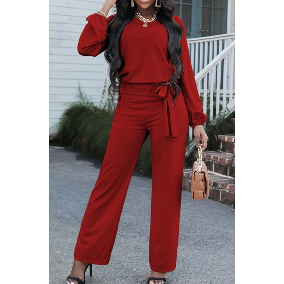 (Out of stock) Red Boat Neck Tie Belt Jumpsuit - Picture 3 of 6